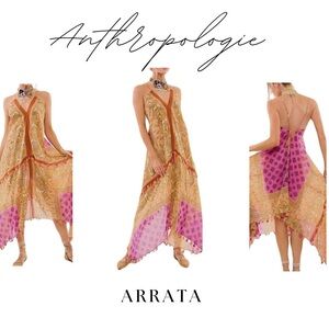 Anthropologie Arrata Pink & Gold Handkerchief Maxi Dress